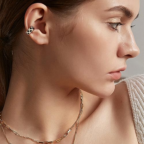 Checker Cuff Wrap Cartilage Earrings for Women Non Pierced Ear Fashion Black White Enamel Fake Hoop Hypoallergenic Jewelry Gift