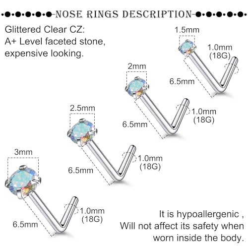 18G 20G 22G Titanium Stainless Surgical Steel Nose Rings Studs for Women L Shaped Nose Studs Screw Nose Ring Piercing Jewelry for Women Men Diamond CZ 1.5mm 2mm 2.5mm 3mm Silver Black Gold - style: 18g/AB CZ/L-shaped/Titanium