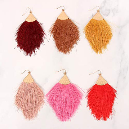 Bohemian Silky Thread Fan Fringe Tassel Statement Earrings - Lightweight Strand Feather Shape Dangles - color: Feather Fringe - Dusty Pink