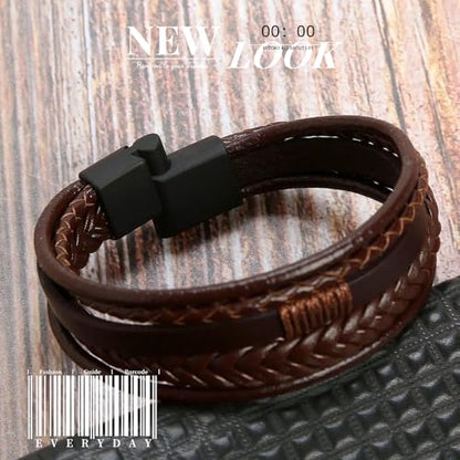 GAUEIOUR Men's Leather Bracelet - Brown with Stainless Steel Clasp, Casual Multi-Layer Creative Braided Bracelets, Vintage Personalized Handmade Wristband Punk Rock Jewelry for Mens