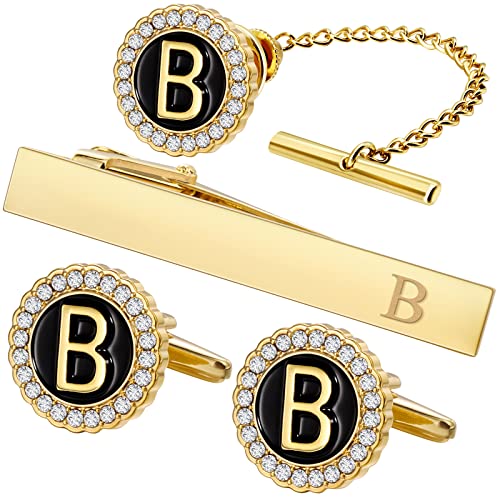 HAWSON Tie Clips, Cufflinks, Tie Tack & Lapel Pins for Men - Suitable for Neckties and French Cuff or Dress Shirt Suits - Jewelry Box Packed, Initials Designed - style: B-4pcs Sets