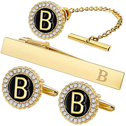 HAWSON Tie Clips, Cufflinks, Tie Tack & Lapel Pins for Men - Suitable for Neckties and French Cuff or Dress Shirt Suits - Jewelry Box Packed, Initials Designed - style: B-4pcs Sets