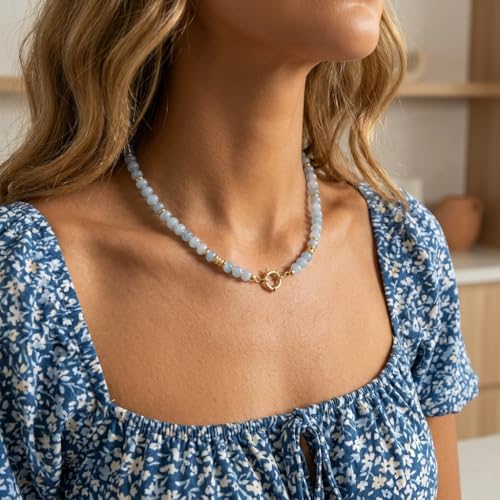 BELLA-Bee Natural Stone Beaded Choker, Multi Color Boho Jewelry Gift | Small bead natural stone choker with stainless steel ring clasp — multicolor stone, handmade healing jewelry for vacation - color: Blue