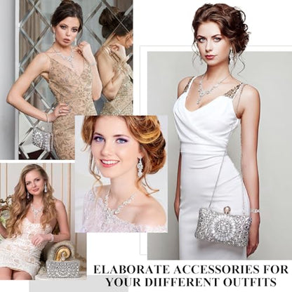 Quelay 4 Pcs Purse Rhinestone Jewelry Set Women | Wedding Bridal Prom Jewelry Sparkly Clutch Handbag with Necklace Bracelet Dangle Earrings Shiny Costume Kit - color: Silver, style: Sparkly