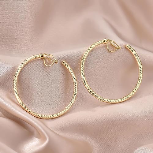 YOQUCOL 5CM(2.0IN) Golden Swingable Clip On Hoop Earrings for Women Non Pierced Ears Hoop Earrings - color: B