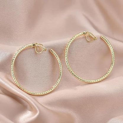 YOQUCOL 5CM(2.0IN) Golden Swingable Clip On Hoop Earrings for Women Non Pierced Ears Hoop Earrings - color: B