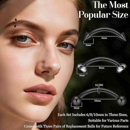 3PCS 16G 18G G23 Pure Titanium Eyebrow Piercing for Women Men Curved Barbell Tiny Eyebrow Ring Vertical Labret Lip Jewelry Internally Threaded Rook Helix Conch Daith Piercing Jewelry - color: Black, size: 18G