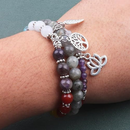 Tree of Life Yoga Healing Stone Bracelets,Multilayer Lotus Chakra Stone Reiki Bracelet Sets,Anxiety Crystal Natural Stone,for Women Stress Relief - style: Chakra+White labradorite