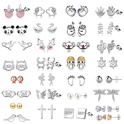30 Assorted Stainless Steel Stud Earrings for Teen Girls - Hypoallergenic Fairy Earrings with Faux Pearls & Pink CZ Cats
