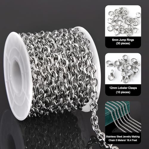 UMAOKANG Stainless Steel Jewelry Making Chain Roll Chunky Cable Chains | 5 Meters Silver Permanent Jewelry Chain Men and Women Necklace DIY Chain with Jump Rings and Lobster Clasps - color: 1.6 Silver Cable