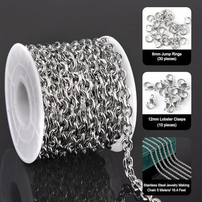 UMAOKANG Stainless Steel Jewelry Making Chain Roll Chunky Cable Chains | 5 Meters Silver Permanent Jewelry Chain Men and Women Necklace DIY Chain with Jump Rings and Lobster Clasps - color: 1.6 Silver Cable