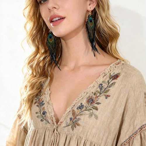 Feather Earrings for Women, Sterling Silver Hook Boho Style Peacock Long Feather Jewelry - color: Peacock Feather-5