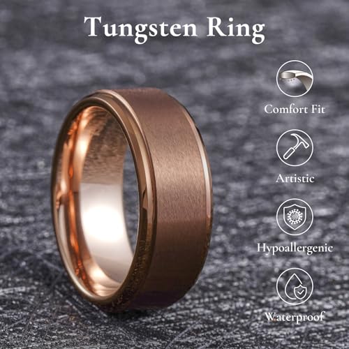 King Will Mens Brushed Wedding Band, Two Tone Matte Step Edges/Pipe Cut, Tungsten Carbide Anniversary Promise Rings Comfort Fit - color: Brown&Rose Gold-8mm