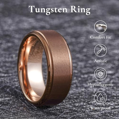 King Will Mens Brushed Wedding Band, Two Tone Matte Step Edges/Pipe Cut, Tungsten Carbide Anniversary Promise Rings Comfort Fit - color: Brown&Rose Gold-8mm