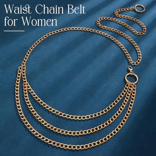 Chain Belt for Women Fashion Multilayer Metal Waist Chain Dress Belt Adjustable - size: Fit Waist Up to 46'', style: Gold-C