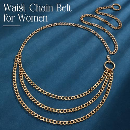 Chain Belt for Women Fashion Multilayer Metal Waist Chain Dress Belt Adjustable - size: Fit Waist Up to 46'', style: Gold-C