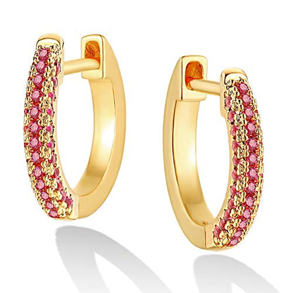 Dremmy Studios Dainty CZ Huggie Hoop Earrings 14K Gold Plated Chunky Simple Cute Thick Round Frill Bead Ball Starburst Cuff Earrings Cubic Zirconia Hoop Earrings Minimalist Personalized Gift for Her - color: CZ Rose