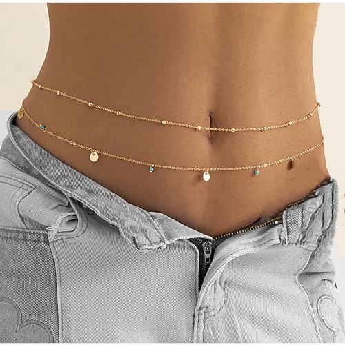 Waist Chains for Women Gold Waist Chain Silver Belly Chain Adjustable Layered Body Chain Sequin Belly Chains Sexy Bikini Beach Jewelry for Women (26.8-36.6 Inch) - style: turquoise+gold