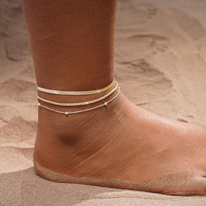 MFRYK Gold Ankle Bracelets for women,14k Gold/Silver Plated Waterproof Layered lightweight Cuban Link Figaro Chain Heart anklet butterfly anklet Pearl Ankle Bracelets Set Gold Anklets for women Trendy Jewelry Gift for Women - style: 3 anklets twisted sate
