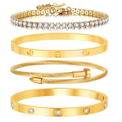 18K Gold Plated Stackable Love Bangle Bracelet Set for Women - 3 Pcs Stainless Steel Chain Bracelet Cubic Zirconia Tennis Bracelet Gold Bangle Set Gift for Wife - color: Tennis Love Bracelet