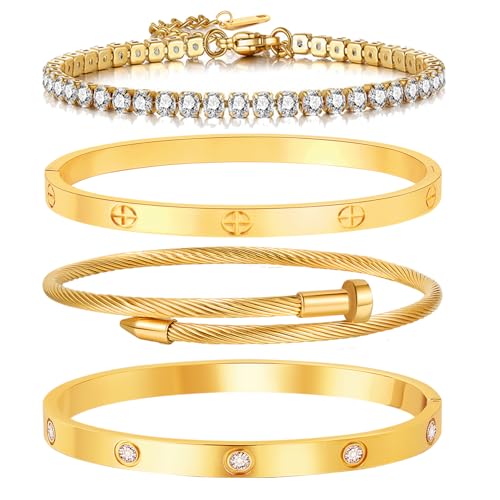 18K Gold Plated Stackable Love Bangle Bracelet Set for Women - 3 Pcs Stainless Steel Chain Bracelet Cubic Zirconia Tennis Bracelet Gold Bangle Set Gift for Wife - color: Tennis Love Bracelet