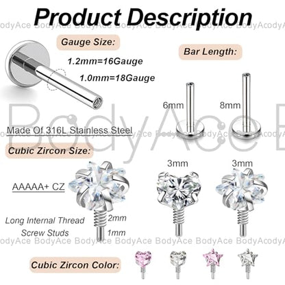 Long Internally Threaded Tragus Piercings 16G 18G 20G Medusa Lip Jewelry Surgical Steel Flat Back Earrings Cartilage Helix Studs Nose Rings Monroe Labret Stud - color: 16G(1.2mm);Length:6mm
