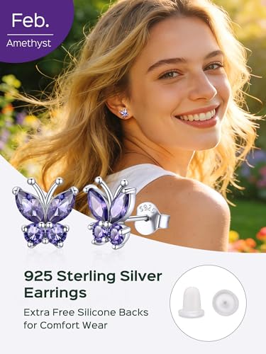 ChicSilver 925 Sterling Silver Bow/Butterfly Earrings for Women Hypoallergenic Birthstone Earrings Dainty Bow/Butterfly Jewelry Gift for Women - color: Butterfly-February-Amethyst