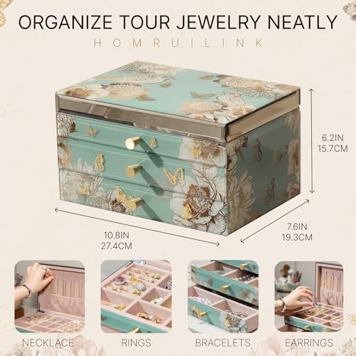 High End Glass Jewelry Box, 3 Layer Jewelry Organizer, Velvet-Lined Case For Ring, Necklace, Earring, Bracelet Storage,Ideal Gift for Her (Bird & Floral) | Large Jewelry Organizer, Velvet-Lined Case, For Ring, Necklace, Earring, Bracelet Watches Storage,