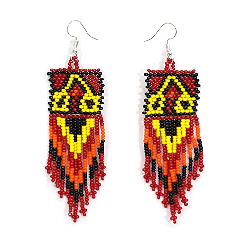 Handmade Beaded Indian Necklace,Inspired by Native American Style Long Necklace Earrings Set,One of a Kind beaded Necklace for Women,Perfect for Occasions, Gifts - color: Red