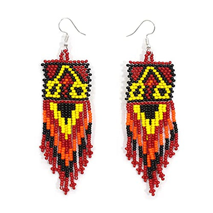 Handmade Beaded Indian Necklace,Inspired by Native American Style Long Necklace Earrings Set,One of a Kind beaded Necklace for Women,Perfect for Occasions, Gifts - color: Red