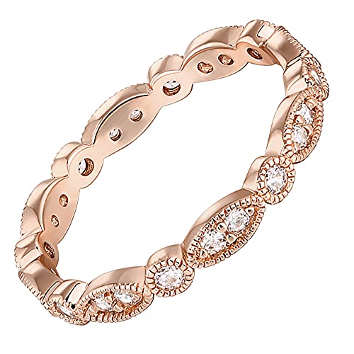 PAVOI 14K Gold Plated Cubic Zirconia Band | Round Milgrain Eternity Bands | Gold Rings for Women - color: Rose Gold