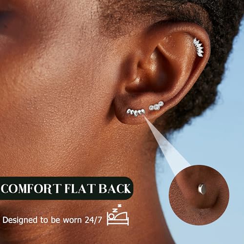 14K Gold Plated 925 Sterling Silver Flat Back Earrings Set | Hypoallergenic Cartilage Helix Conch Tragus Piercing Jewelry 3 Pairs Small Screw Dainty CZ Opal Earring Set Men Women - color: Silver, Style E