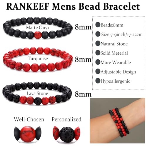 Mens Bead Bracelet Set - Adjustable Elastic Rope With 6&8MM Natural Stone Multi-Colored Beads - Tiger Eye Bracelets for Men - Gift - style: 3,red,black bracelet