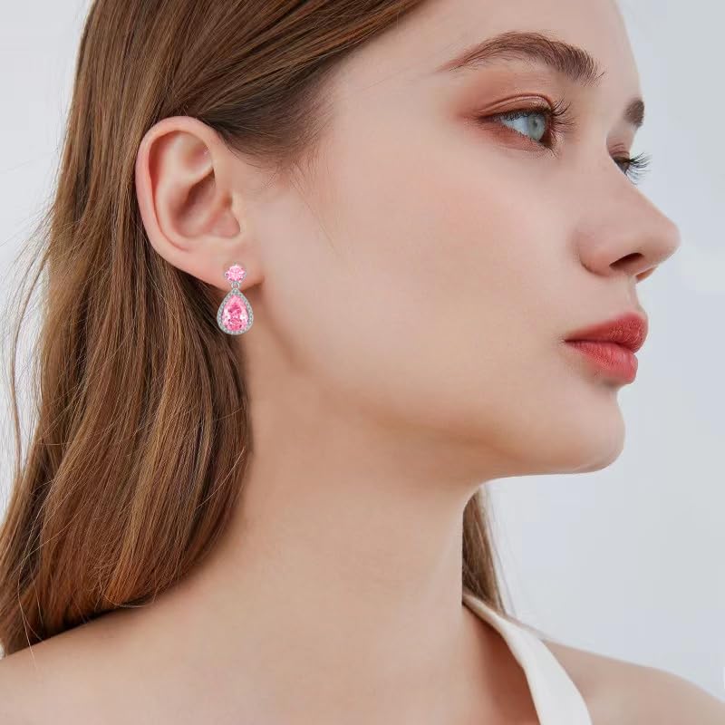Drop Dangle Earrings Teardrop Gemstone Waterdrop White Gold Plated Crystal Hanging Cubic Zirconia Ruby Sapphire Emerald Jewelry Gift for Women Mother Wife - color: Pink