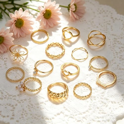 Chunky Gold Rings for Women Non Tarnish, Baroque Pearl Flower Tiger's Eye Stone Rings Adjustable Stacking Statement Rings Set Fashion Jewelry Gifts - style: Croissant/Handmade flower_gold