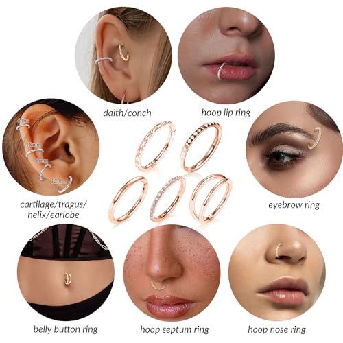 FUNLMO 3Pcs Nose Rings Double Hoop Nose Ring Conch Daith Tragus Helix Rook Piercing Jewelry Surgical Steel Cartilage Earring Conch Hoop Earring Septum Jewelry Lip Ring - color: Style 3: Rose gold,5pcs