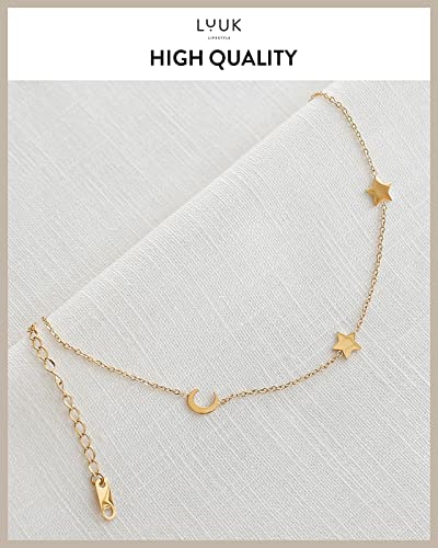 LUUK LIFESTYLE Stainless steel necklace with pendant and HAPPINESS card, 20” adjustable length, lucky charm, friendship chain, Valentine's Day gift, birthday, women's jewelry, silver, gold, rosegold - color: Gold, size: Moon and Stars