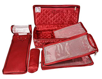 atorakushon Satin Maroon Make-Up Pouch Jewellery Box 4 Pouch 1 roll Bangle in Cosmetic Bag Necklace Earrings Vanity Jewellery Organiser For Women's - style: New