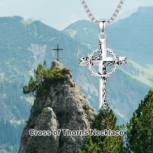 Cross Necklace for Men Women 925 Sterling Silver Cross Pendant Necklace Christian Religious Jewelry Gifts for Anniversary - color: 5-Crown of Thorns Cross-1