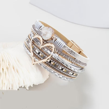 Boho Multi-Layer Braided Faux Leather Cuff Bracelet with Large Open Heart & Glitter Stone Charm for Women - color: Silver Grey, size: One Size