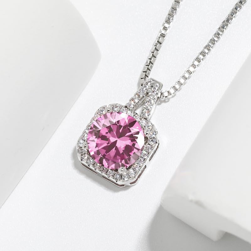 Cubic Zirconia Necklace and Earrings Set for Women 14K White Gold Plated Bridesmaid Silver Jewelry Set for Women Pendant Necklace Hypoallergenic Stud Earrings Set Jewellery Gift for Mom Wife Bride Bridesmaid - color: Pink-Square Shape