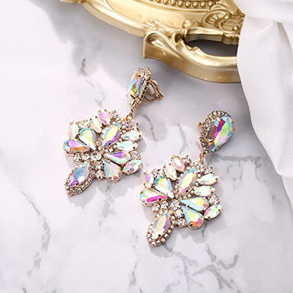 Clip-On Earrings Wedding Stunning Crystal Rhinestone Marquise Teardrop Cluster Dangle Earring for Women Party Prom Accessory - color: Iridescent AB Gold-Tone