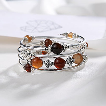 Beaded Pearl Bangle Wrap Bracelet - Fashion Bohemian Jewelry Multilayer Charm Bracelet with Thick Silver Metal Beads, Gift For Women - color: Brown