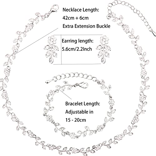 Austrian Crystal Rhinestone Choker Necklace Dangle Earring Link Bracelet Jewelry Set for Brides Bridesmaid Prom Costume Accessories for Women - color: White-Platinum Plated