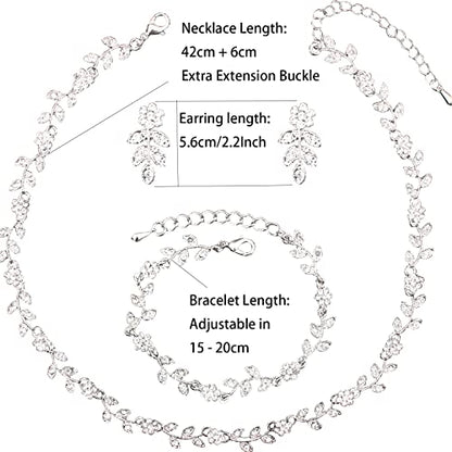 Austrian Crystal Rhinestone Choker Necklace Dangle Earring Link Bracelet Jewelry Set for Brides Bridesmaid Prom Costume Accessories for Women - color: White-Platinum Plated
