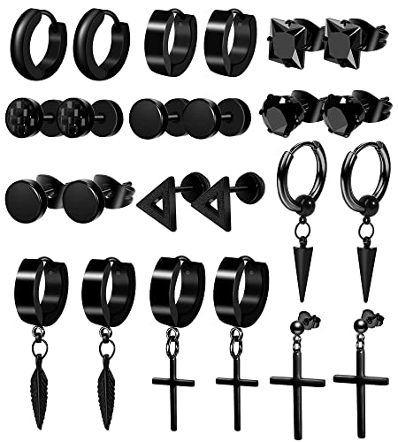12 Pairs Black Stud Earrings Set for Men and Women - Stainless Steel Cross Jewelry Piercings - color: Black