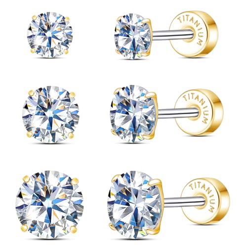 Limerencia Moissanite Stud Earrings, 3 Pairs Titanium Screw Back Earrings | D Color VVS1 Clarity Lab-created Moissanite Earrings, Hypoallergenic G23 Pure Titanium for Women Men Sensitive Ears - color: Gold S