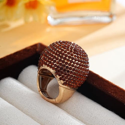 Gold Snowball Rhinestone Cocktail Ring – Adjustable Stretch Sparkling Party Jewelry for Women, Elegant Costume Ring for Evening Wear, Wedding, Prom - color: Coffee color