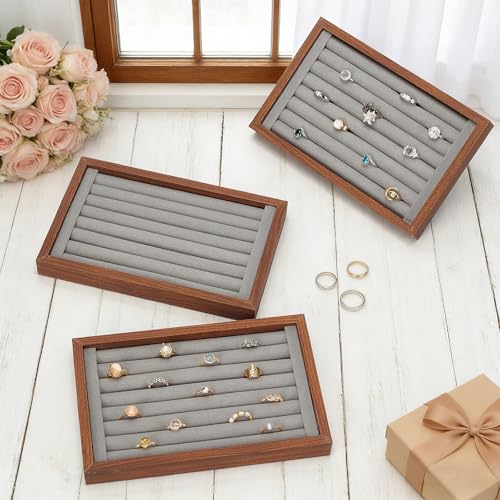 4 Pack Wood Ring Displays, Wooden Ring Holder Display Case Earring Organizer Velvet Jewelry Tray Jewelry Organizer Stand for Rings Earrings Selling, Coffee
