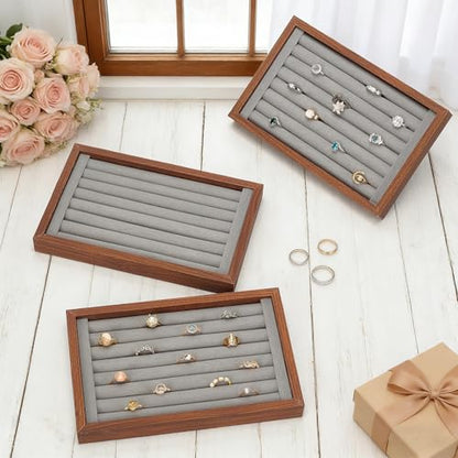 4 Pack Wood Ring Displays, Wooden Ring Holder Display Case Earring Organizer Velvet Jewelry Tray Jewelry Organizer Stand for Rings Earrings Selling, Coffee